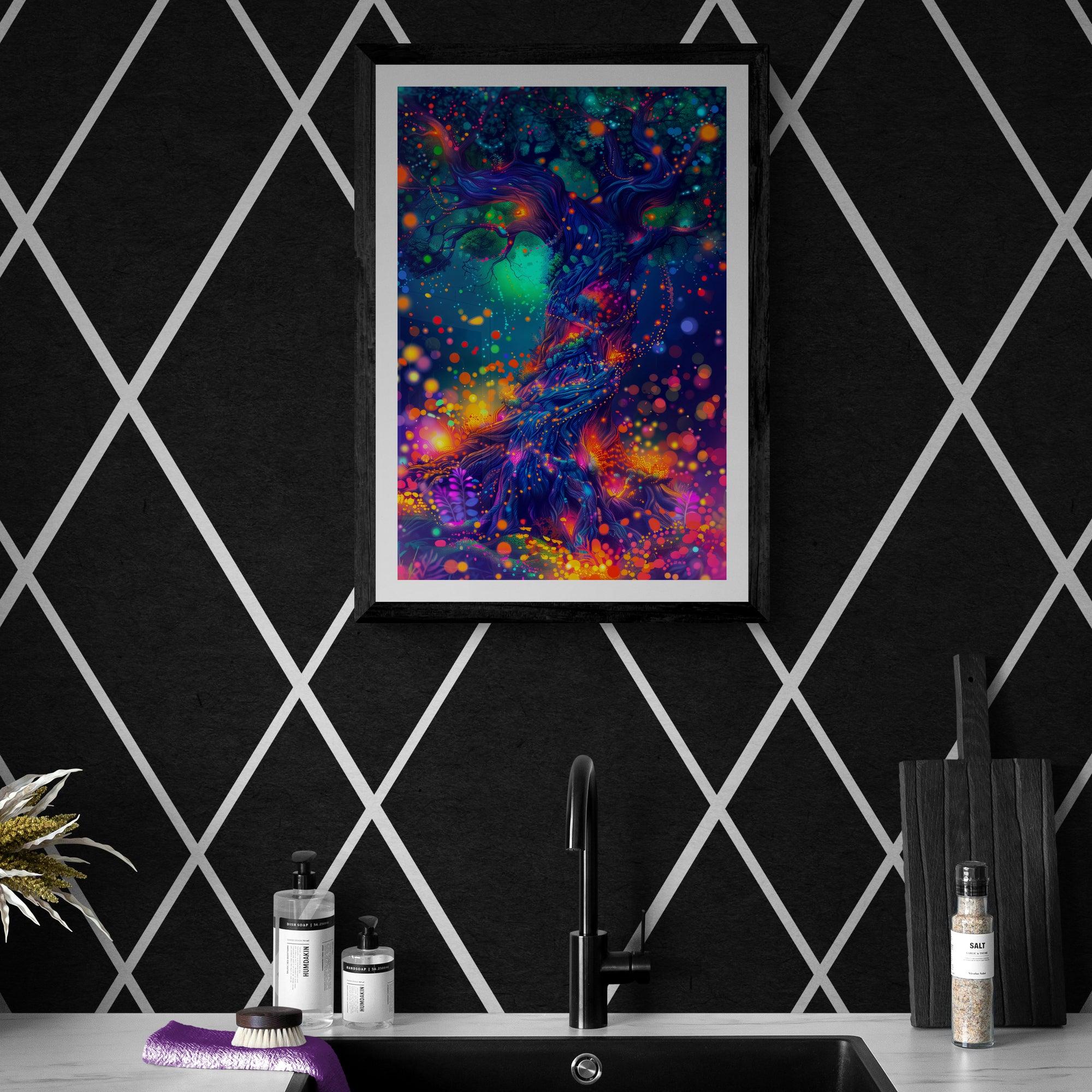 Trippy Tree Art Poster | Neon Canopy | Luminous Tree Dreams v4 - Vivid Roads